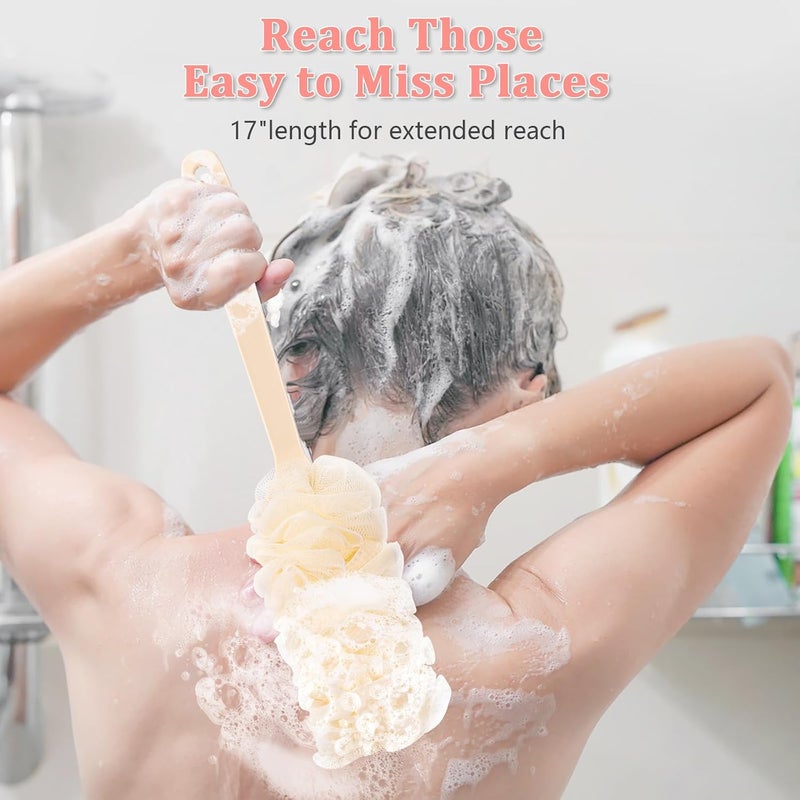 NICEMOVIC 4Pack Back Scrubber for Shower Loofah with Long Handle, Shower Brush for Body, 17″ Loofah on a Stick for Men Women Bathing Accessories, Scrubber Sponge for Exfoliating Bath Brushes (Beige & Pink) - Image 4